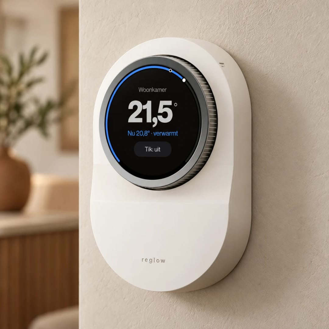 De Reglow Dial aan een lichte muur, het scherm toont de kamertemperatuur